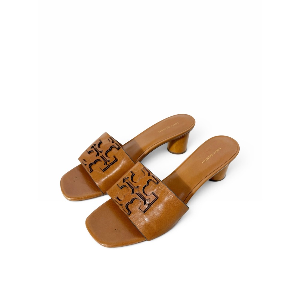 Tory Burch Ines Tan Leather Wood Heel Stacked Logo Open Toe Mule Sandal Size 95